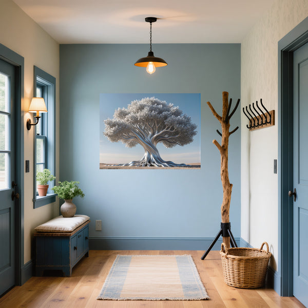Poster Wandbild Silberner Baum fuer Flur und Eingang blau Querformat