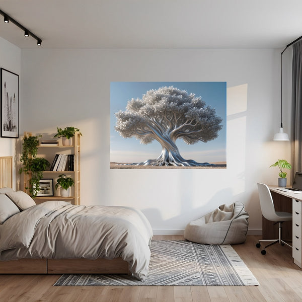 Poster Wandbild Silberner Baum fuer Jugendzimmer grauoderbeige Querformat