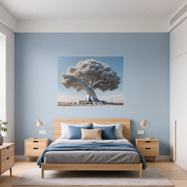 Poster Wandbild Silberner Baum fuer Schlafzimmer blau Querformat