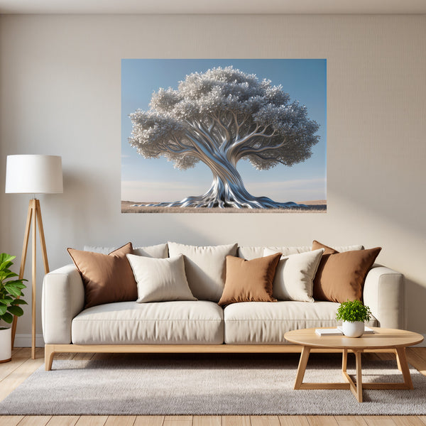 Poster Wandbild Silberner Baum fuer Wohnzimmer grauoderbeige Querformat