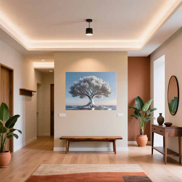 Poster Wandbild Silberner Baum im Wasser fuer Flur und Eingang warmeFarben Querformat