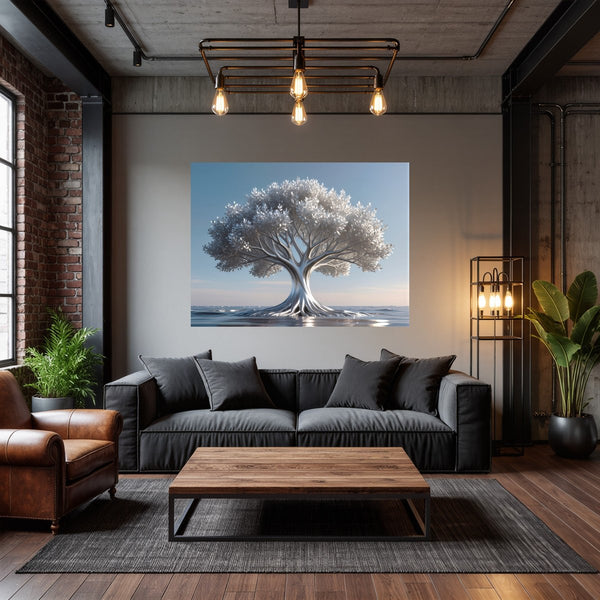 Poster Wandbild Silberner Baum im Wasser fuer Wohnzimmer dunkelanthrazit Querformat