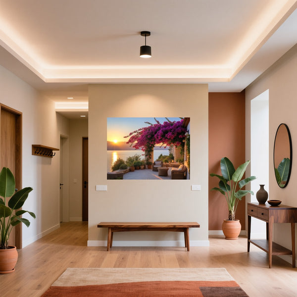 Poster Wandbild Sonnenuntergang mit Bougainvillea fuer Flur und Eingang gruen Querformat
