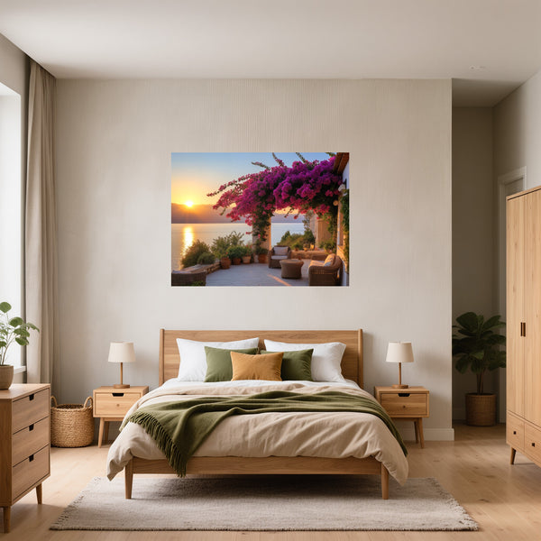 Poster Wandbild Sonnenuntergang mit Bougainvillea fuer Schlafzimmer gruen Querformat