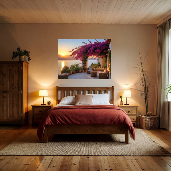 Poster Wandbild Sonnenuntergang mit Bougainvillea fuer Schlafzimmer warmeFarben Querformat