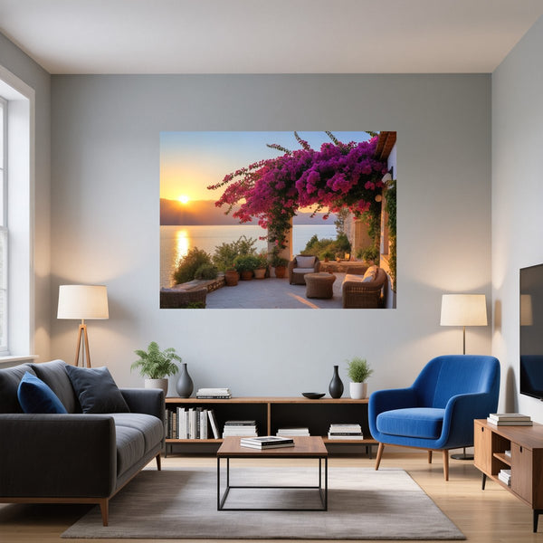 Poster Wandbild Sonnenuntergang mit Bougainvillea fuer Wohnzimmer blau Querformat