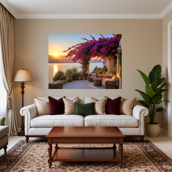 Poster Wandbild Sonnenuntergang mit Bougainvillea fuer Wohnzimmer warmeFarben Querformat