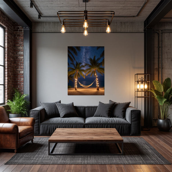 Poster Wandbild Sternenhimmel über der Hängematte fuer Wohnzimmer dunkelanthrazit Hochformat