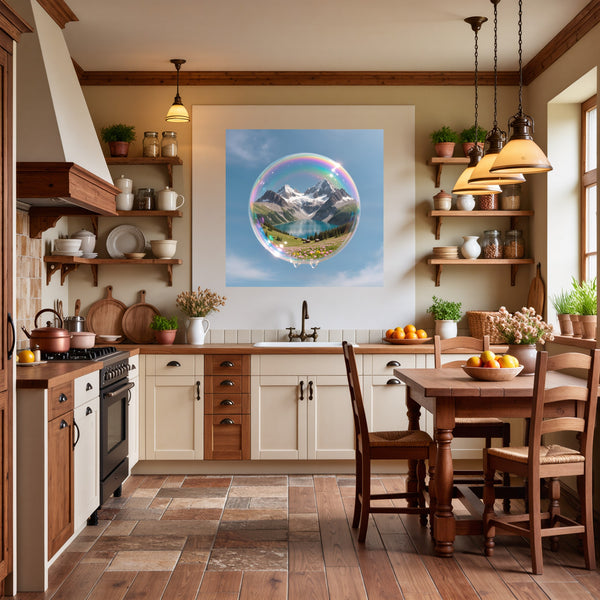 Poster Wandbild Traumhafte Berglandschaft in einer Seifenblase fuer Kueche und Esszimmer warmeFarben Quadrat