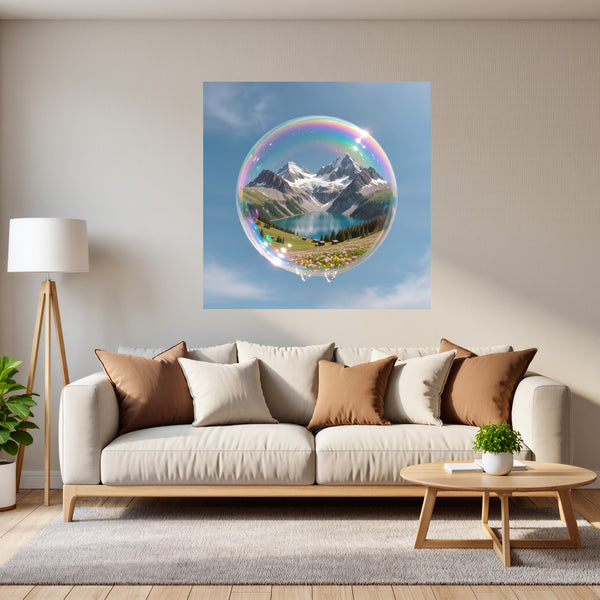 Poster Wandbild Traumhafte Berglandschaft in einer Seifenblase fuer Wohnzimmer grauoderbeige Quadrat