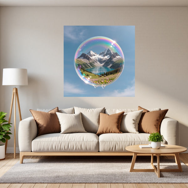 Poster Wandbild Traumhafte Berglandschaft in einer Seifenblase fuer Wohnzimmer grauoderbeige Quadrat