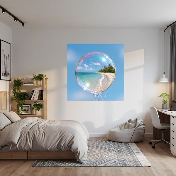 Poster Wandbild Traumhafte Seifenblase am Strand fuer Jugendzimmer gruen Quadrat