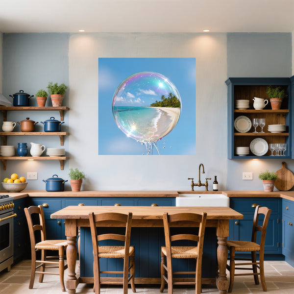 Poster Wandbild Traumhafte Seifenblase am Strand fuer Kueche und Esszimmer blau Quadrat