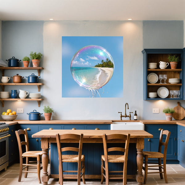 Poster Wandbild Traumhafte Seifenblase am Strand fuer Kueche und Esszimmer blau Quadrat