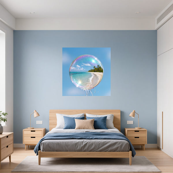 Poster Wandbild Traumhafte Seifenblase am Strand fuer Schlafzimmer blau Quadrat
