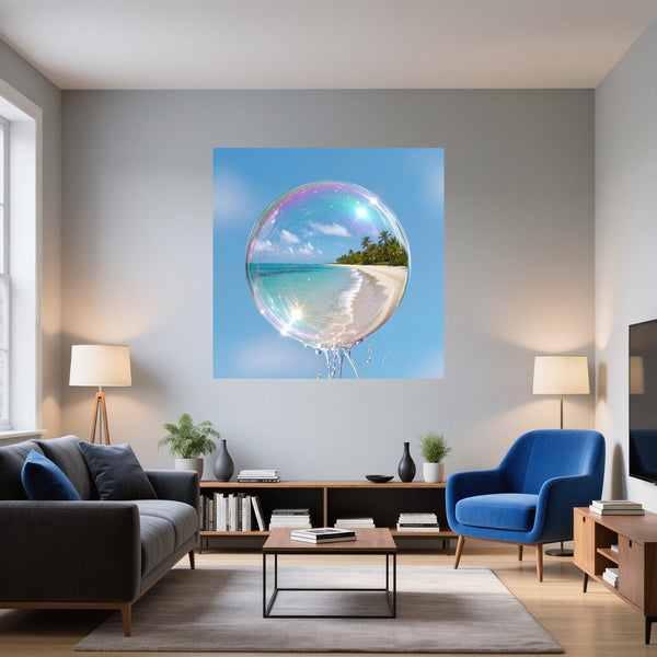 Poster Wandbild Traumhafte Seifenblase am Strand fuer Wohnzimmer blau Quadrat