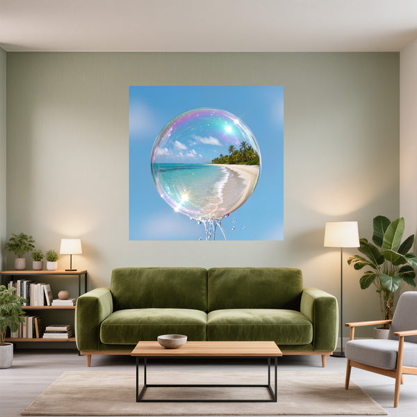 Poster Wandbild Traumhafte Seifenblase am Strand fuer Wohnzimmer gruen Quadrat
