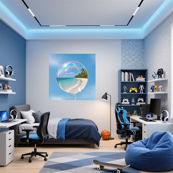 Poster Wandbild Traumhafte Strandansicht in einer Seifenblase fuer Jugendzimmer blau Quadrat