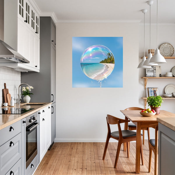 Poster Wandbild Traumhafte Strandansicht in einer Seifenblase fuer Kueche und Esszimmer grauoderbeige Quadrat