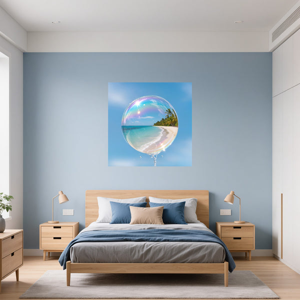 Poster Wandbild Traumhafte Strandansicht in einer Seifenblase fuer Schlafzimmer blau Quadrat
