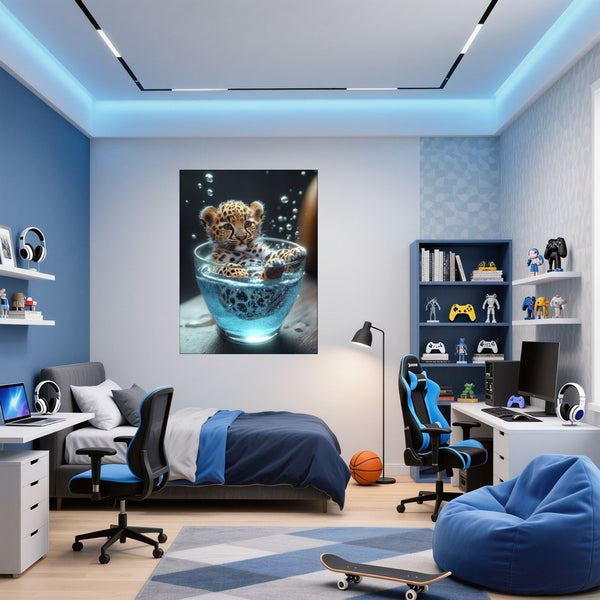 Poster Wandbild Verspielt und Niedlich Leopardenjunges im Glas fuer Jugendzimmer blau Hochformat