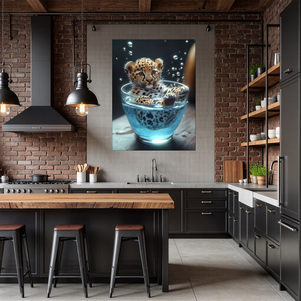 Poster Wandbild Verspielt und Niedlich Leopardenjunges im Glas fuer Kueche und Esszimmer dunkelanthrazit Hochformat