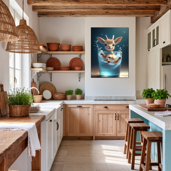 Poster Wandbild Verspielte Freude im Glas fuer Kueche und Esszimmer warmeFarben Hochformat