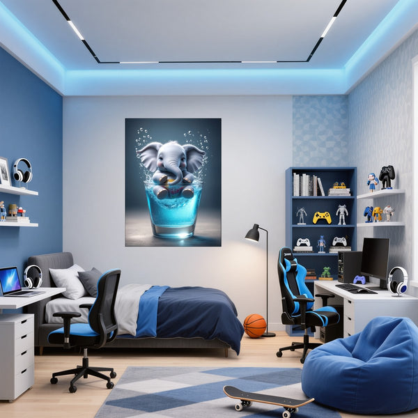 Poster Wandbild Verspielter Elefant im Glas fuer Jugendzimmer blau Hochformat