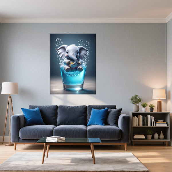 Poster Wandbild Verspielter Elefant im Glas fuer Wohnzimmer blau Hochformat