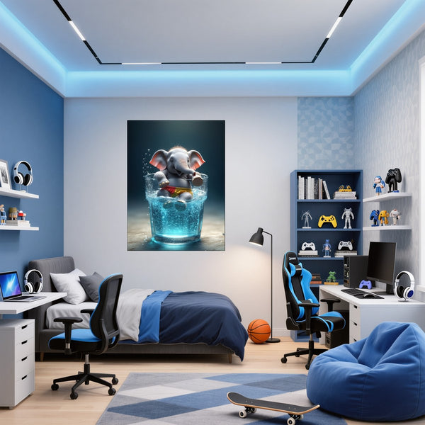 Poster Wandbild Verspielter Elefant im Wasser fuer Jugendzimmer blau Hochformat