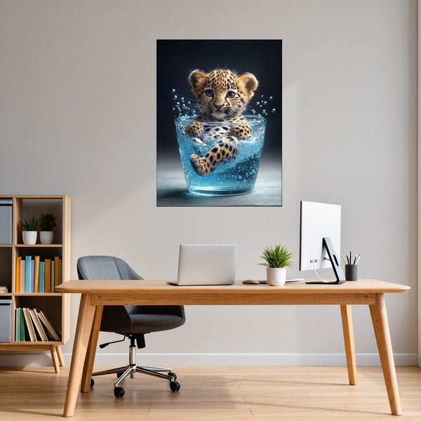 Poster Wandbild Verspielter Leopard im Wasser fuer Buero und Arbeitszimmer warmeFarben Hochformat