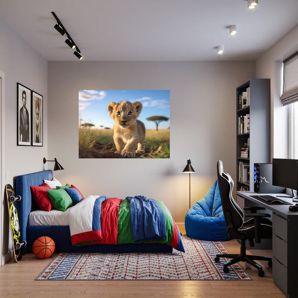 Poster Wandbild Verspielter Löwe fuer Jugendzimmer warmeFarben Querformat