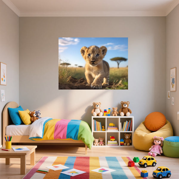 Poster Wandbild Verspielter Löwe fuer Kinderzimmer Querformat