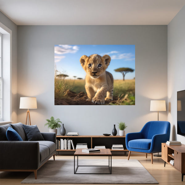 Poster Wandbild Verspielter Löwe fuer Wohnzimmer blau Querformat