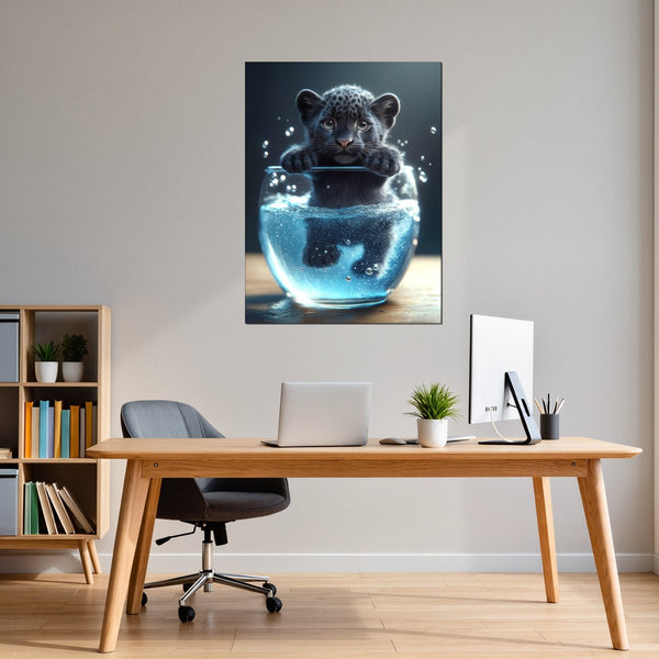 Poster Wandbild Verspielter Panther im Wasser fuer Buero und Arbeitszimmer warmeFarben Hochformat
