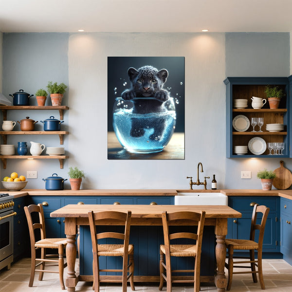 Poster Wandbild Verspielter Panther im Wasser fuer Kueche und Esszimmer blau Hochformat