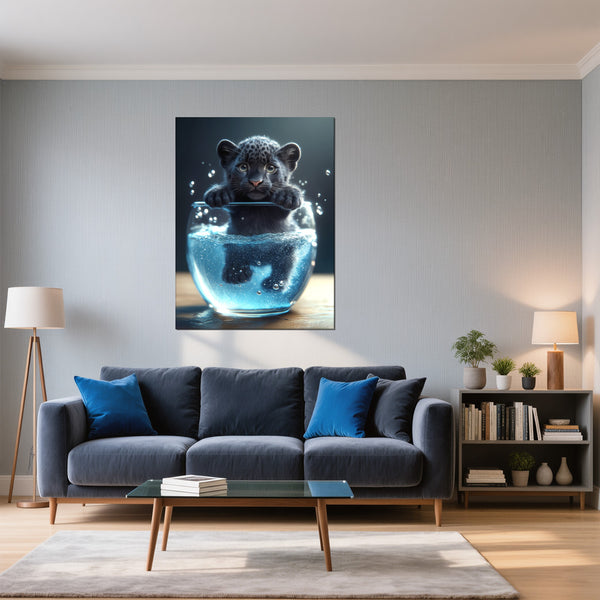Poster Wandbild Verspielter Panther im Wasser fuer Wohnzimmer blau Hochformat