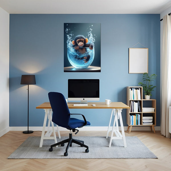 Poster Wandbild Verspielter Schimpanse im Wasser fuer Buero und Arbeitszimmer blau Hochformat