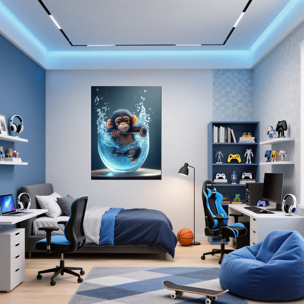Poster Wandbild Verspielter Schimpanse im Wasser fuer Jugendzimmer blau Hochformat