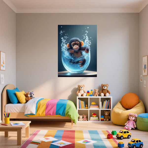 Poster Wandbild Verspielter Schimpanse im Wasser fuer Kinderzimmer Hochformat