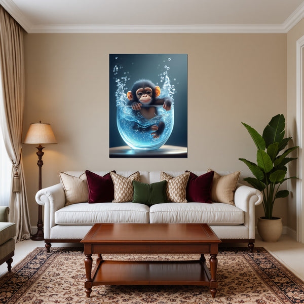 Poster Wandbild Verspielter Schimpanse im Wasser fuer Wohnzimmer warmeFarben Hochformat