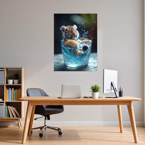 Poster Wandbild Verspielter Tiger im Wasser fuer Buero und Arbeitszimmer warmeFarben Hochformat