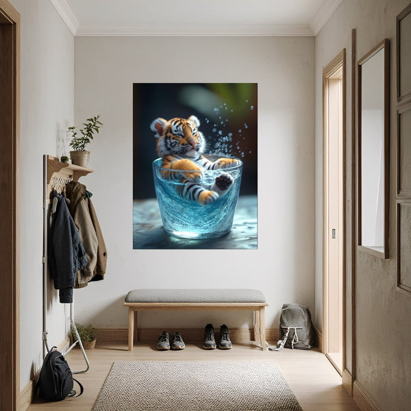 Poster Wandbild Verspielter Tiger im Wasser fuer Flur und Eingang dunkelanthrazit Hochformat
