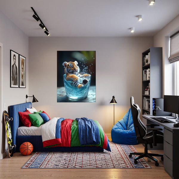 Poster Wandbild Verspielter Tiger im Wasser fuer Jugendzimmer warmeFarben Hochformat