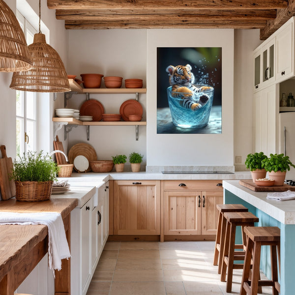 Poster Wandbild Verspielter Tiger im Wasser fuer Kueche und Esszimmer warmeFarben Hochformat