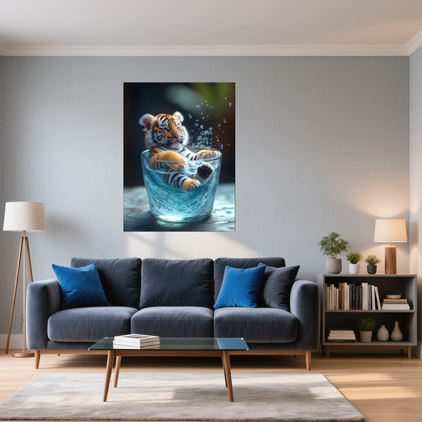 Poster Wandbild Verspielter Tiger im Wasser fuer Wohnzimmer blau Hochformat