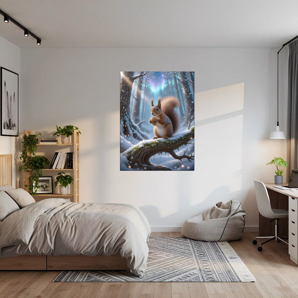 Poster Wandbild Verspieltes Eichhörnchen im Winterwald fuer Jugendzimmer gruen Hochformat