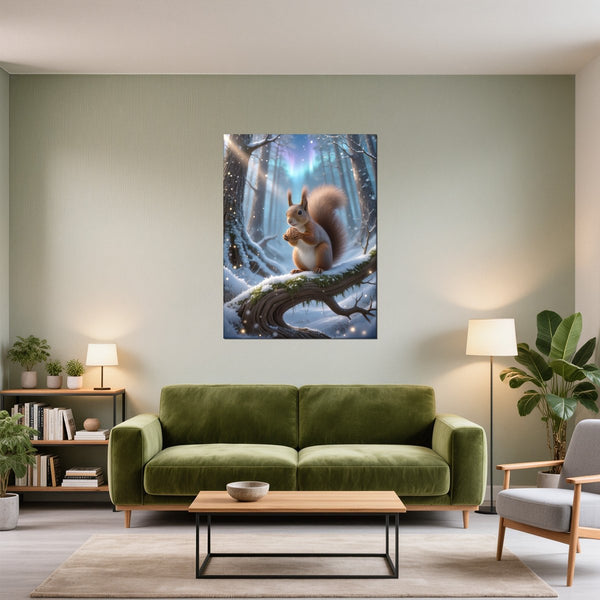 Poster Wandbild Verspieltes Eichhörnchen im Winterwald fuer Wohnzimmer gruen Hochformat