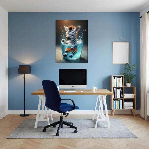 Poster Wandbild Verspieltes Zebra im Wasser fuer Buero und Arbeitszimmer blau Hochformat