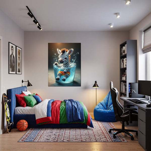 Poster Wandbild Verspieltes Zebra im Wasser fuer Jugendzimmer warmeFarben Hochformat